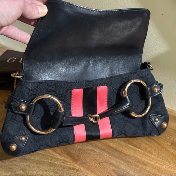 AUTH GUCCI HORSEBIT shoulder bag black pink stripe monogram stud bamboo detail - Picture 6 of 16